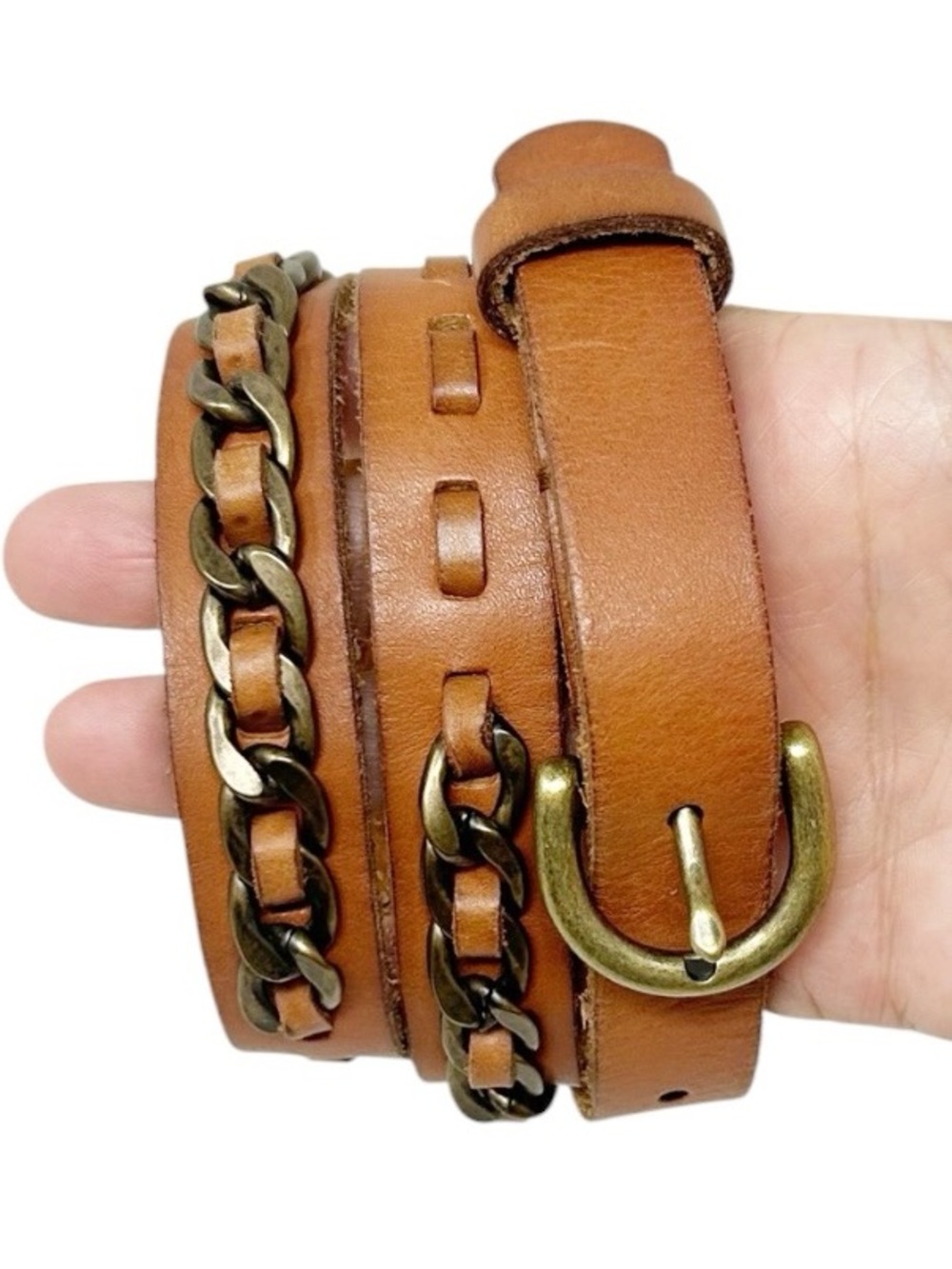 Fossil Leather And Chain Skinny Belt